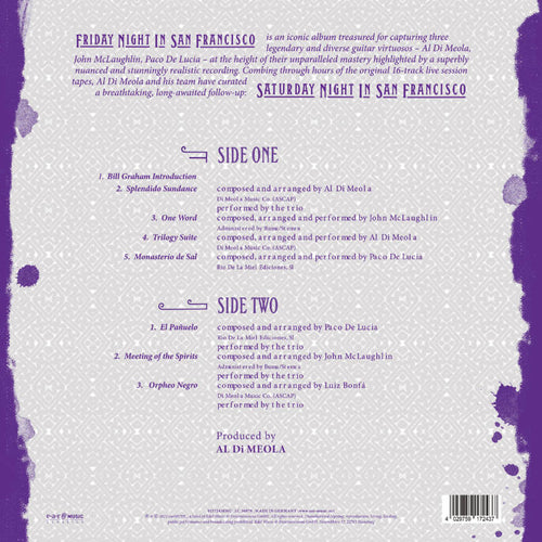Al Di Meola, John McLaughlin and Paco de Lucia Saturday Night In San Francisco Cover Backside