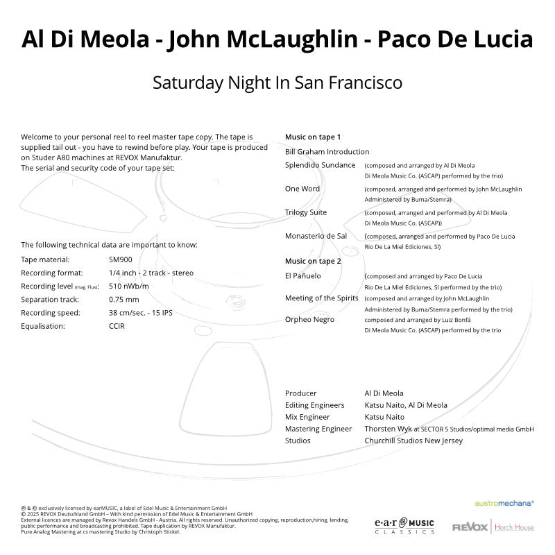 Al Di Meola, John McLaughlin and Paco de Lucia Saturday Night In San Francisco Credits