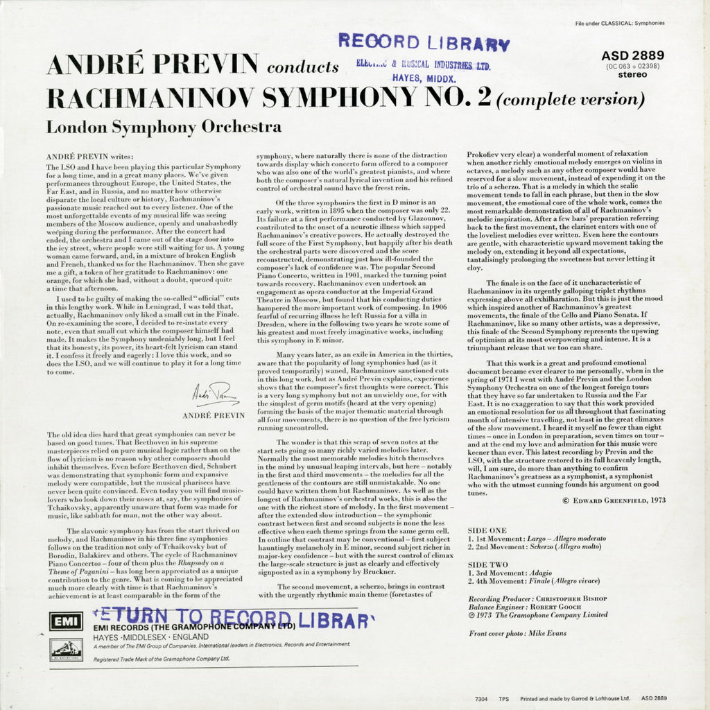 Andre Previn Rachmaninov 2nd Symphony Cover Backside