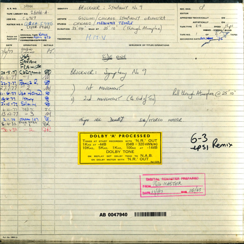 Anton Bruckner Symphony No. 9 Original Master Tape 1