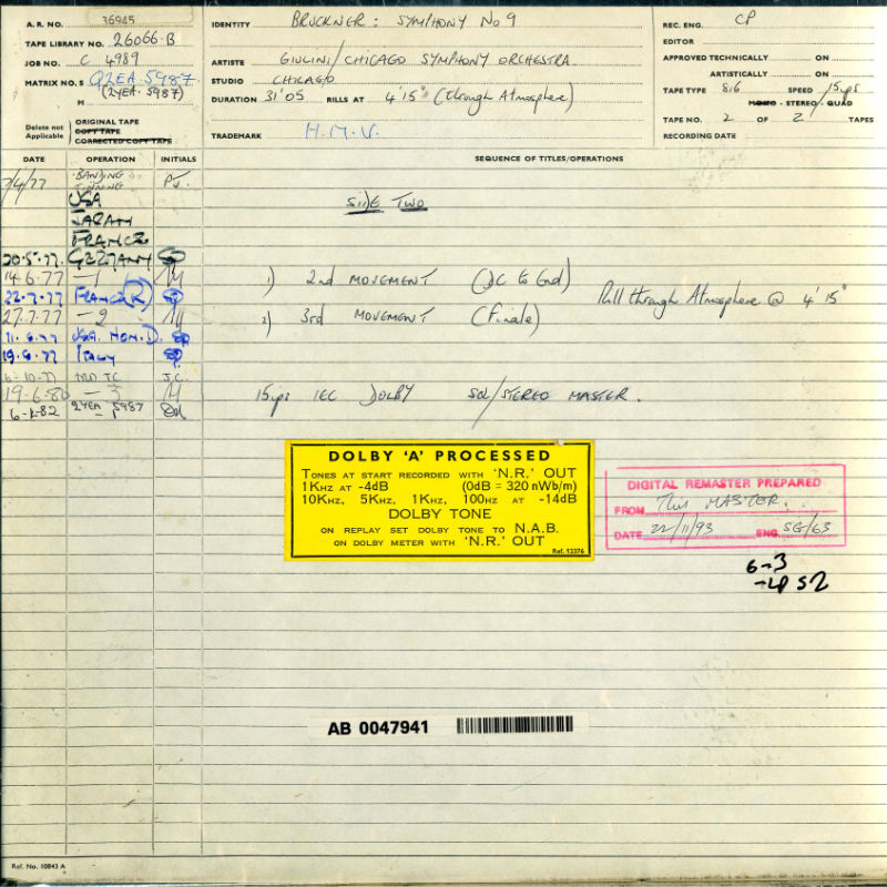 Anton Bruckner Symphony No. 9 Original Master Tape 2