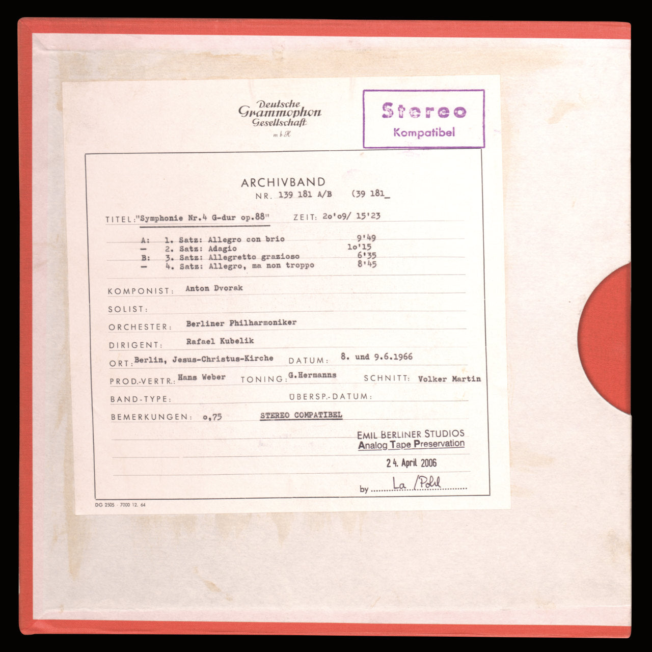 Antonin Dvorak Symphony No 8 Original Master Tape