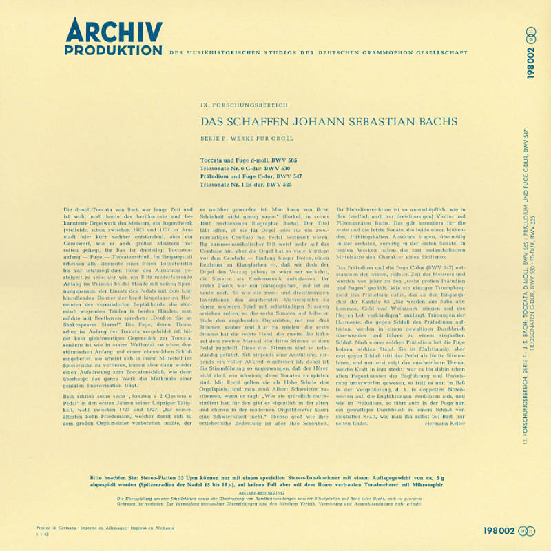 Johann Sebastian Bach Organ Works Cover Backside