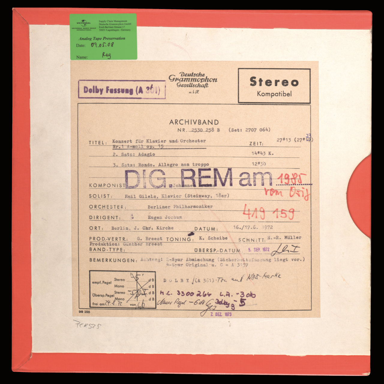 Johannes Brahms Concerto for Piano and Orchestra No 1 Original Master Tape 2