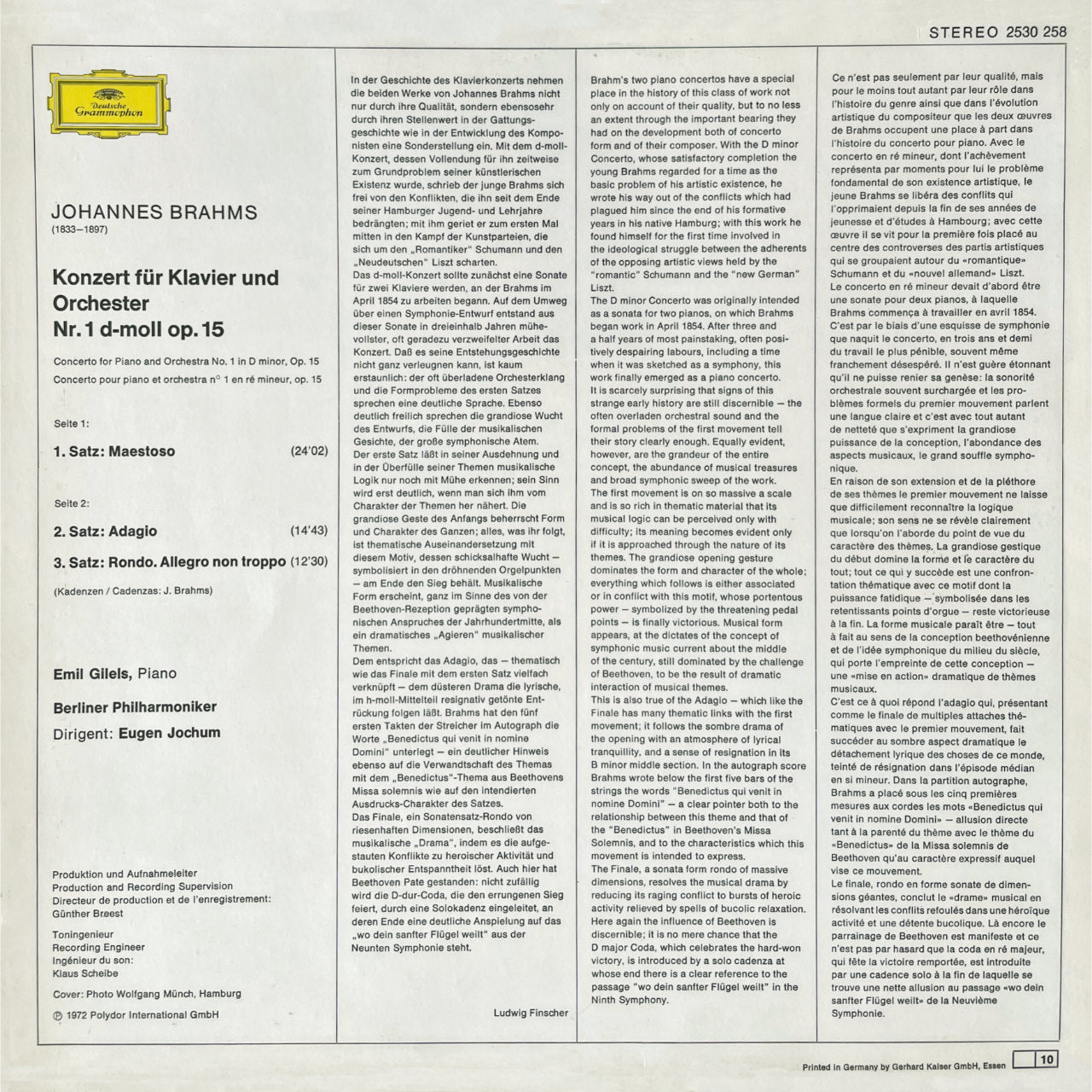 Johannes Brahms Concerto for Piano and Orchestra No 1 Cover Backside