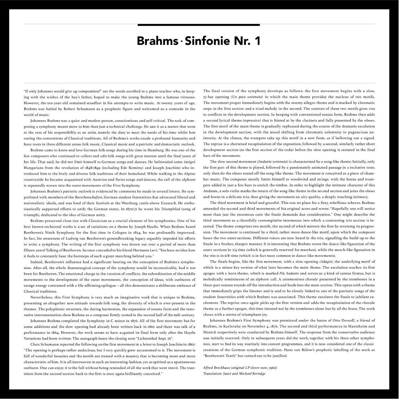 Johannes Brahms Symphony No 1 Inlay