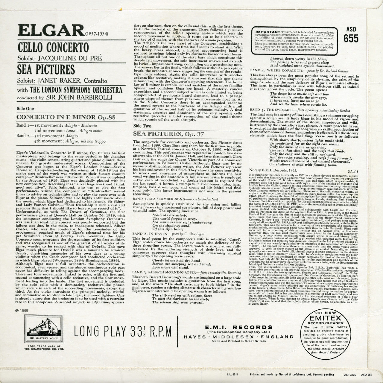 Edward Elgar Cello Concerto and Sea Pictures Cover Backside