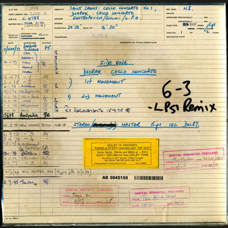 Guilini Rostropovitch Dvorak Cello Concerto Original Master Tape 1