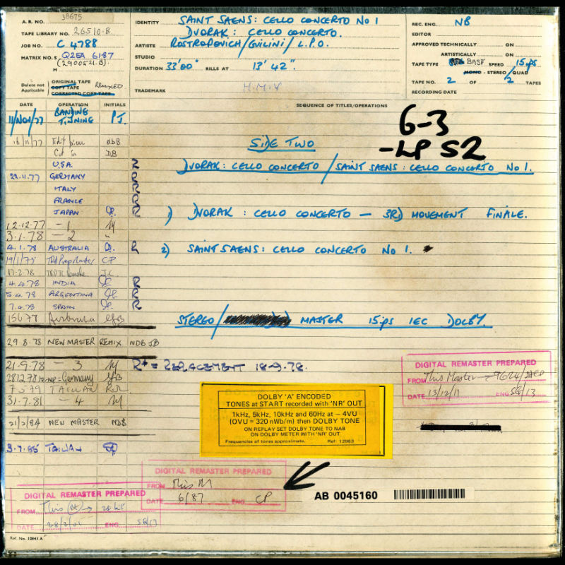 Guilini Rostropovitch Dvorak Cello Concerto Original Master Tape 2