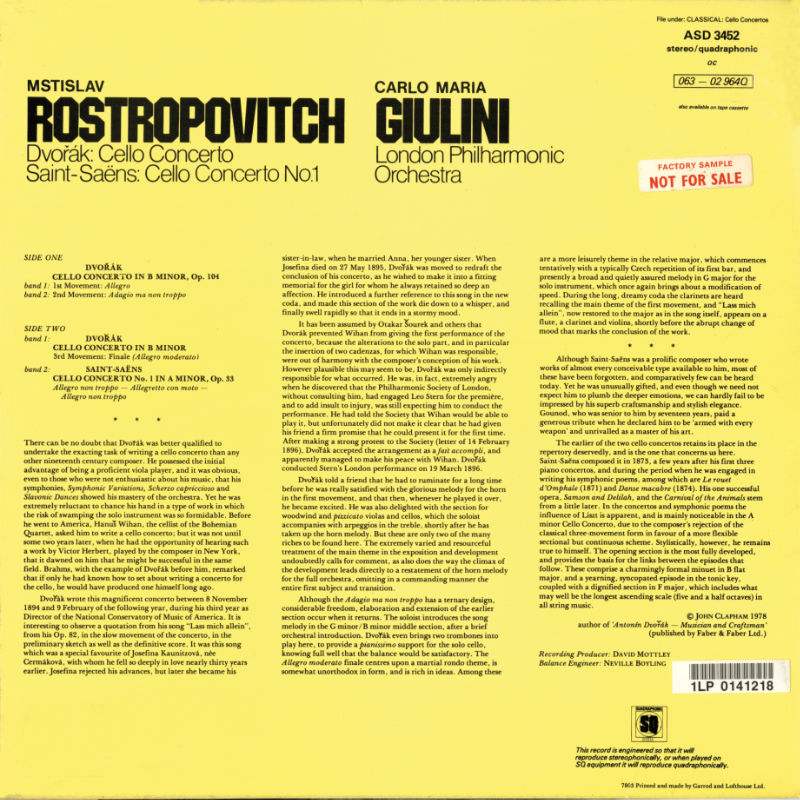 Guilini Rostropovitch Dvorak Cello Concerto Cover Back
