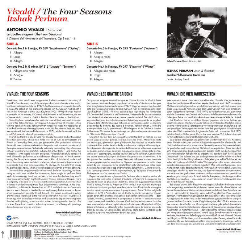 Itzhak Perlman Vivaldi Four Seasons Cover Backside