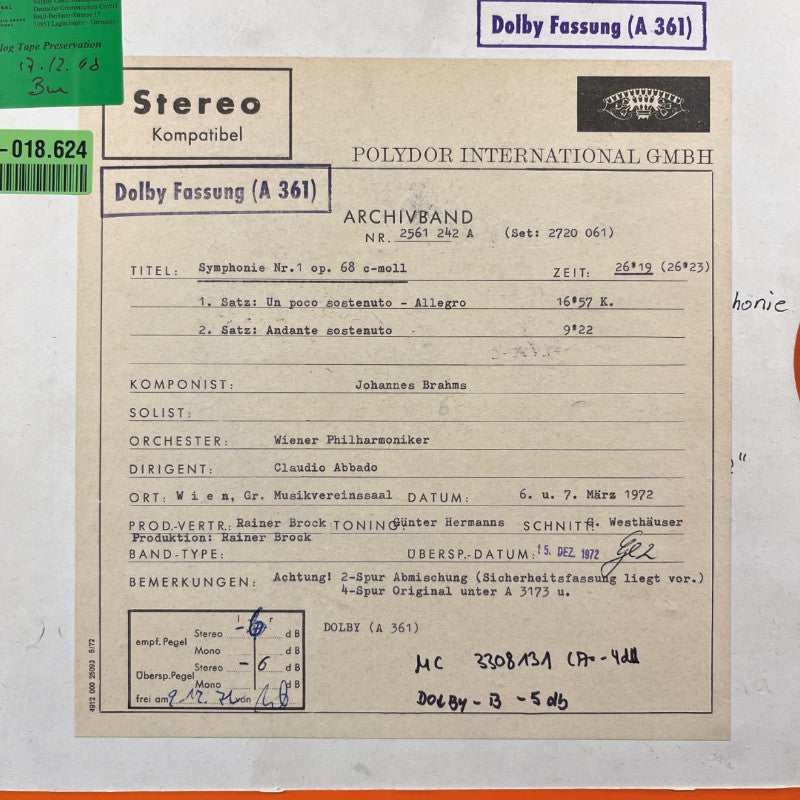 Johannes Brahms Symphony No. 1 Original Master Tape