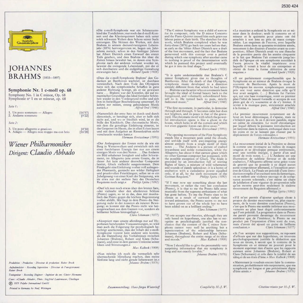 Johannes Brahms Symphony No. 1 Cover Backside