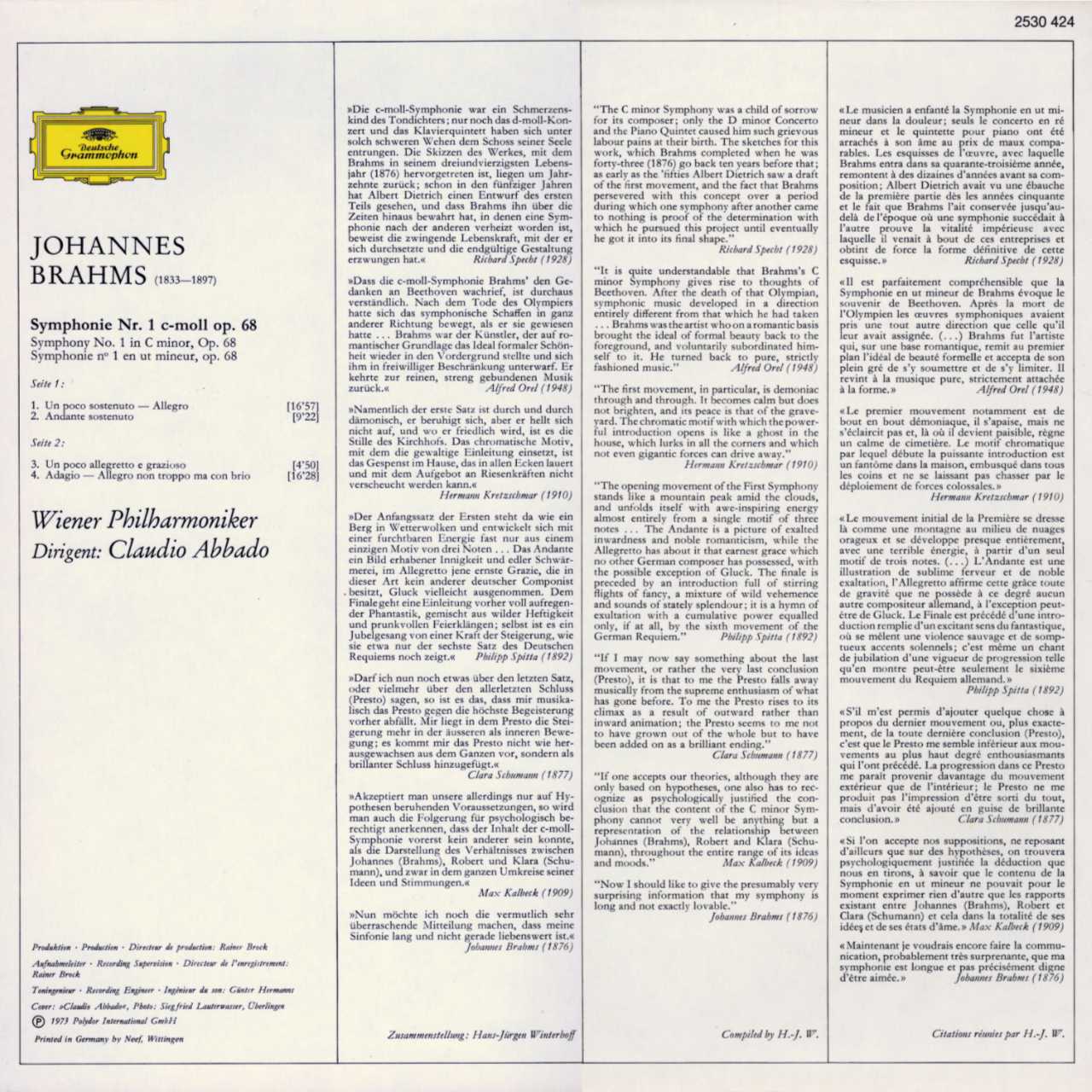 Johannes Brahms Symphony No. 1 Cover Backside