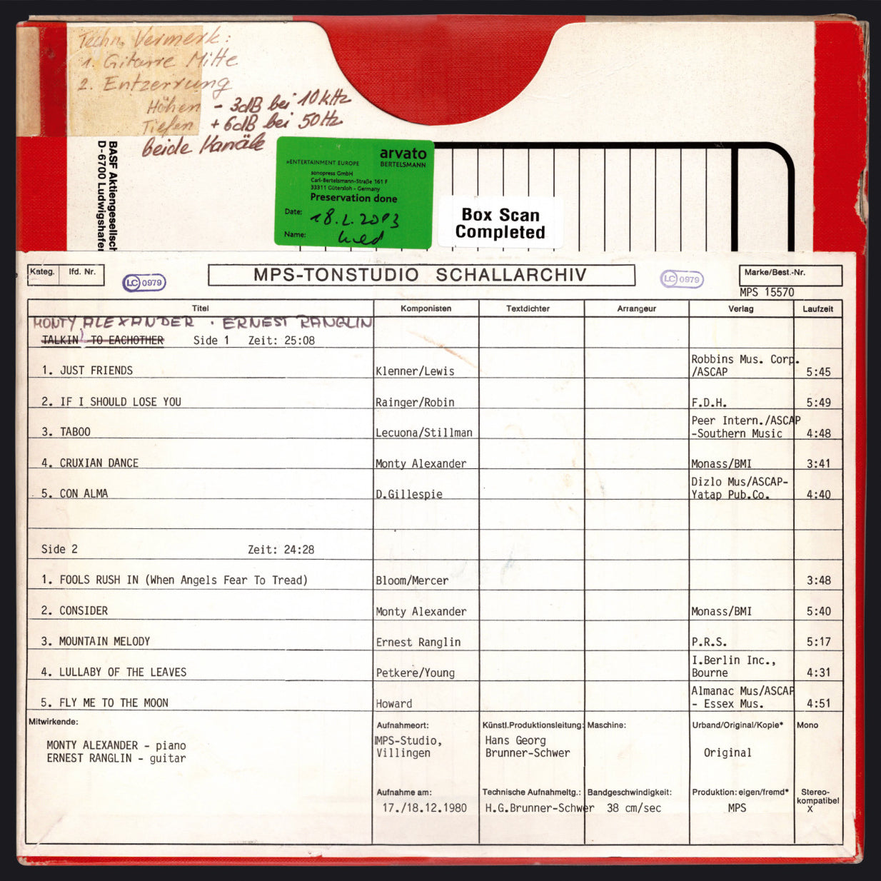 Monty Alexander and Ernest Ranglin Untitled Original Master Tape