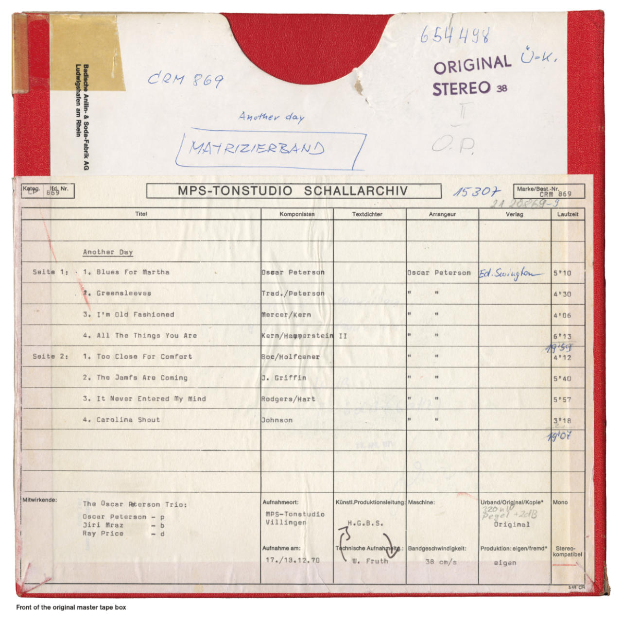 Oscar Peterson Another Day Original Master Tape