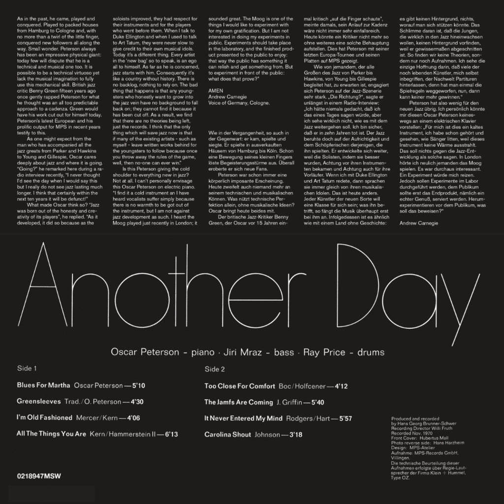 Oscar Peterson Another Day Cover Backside