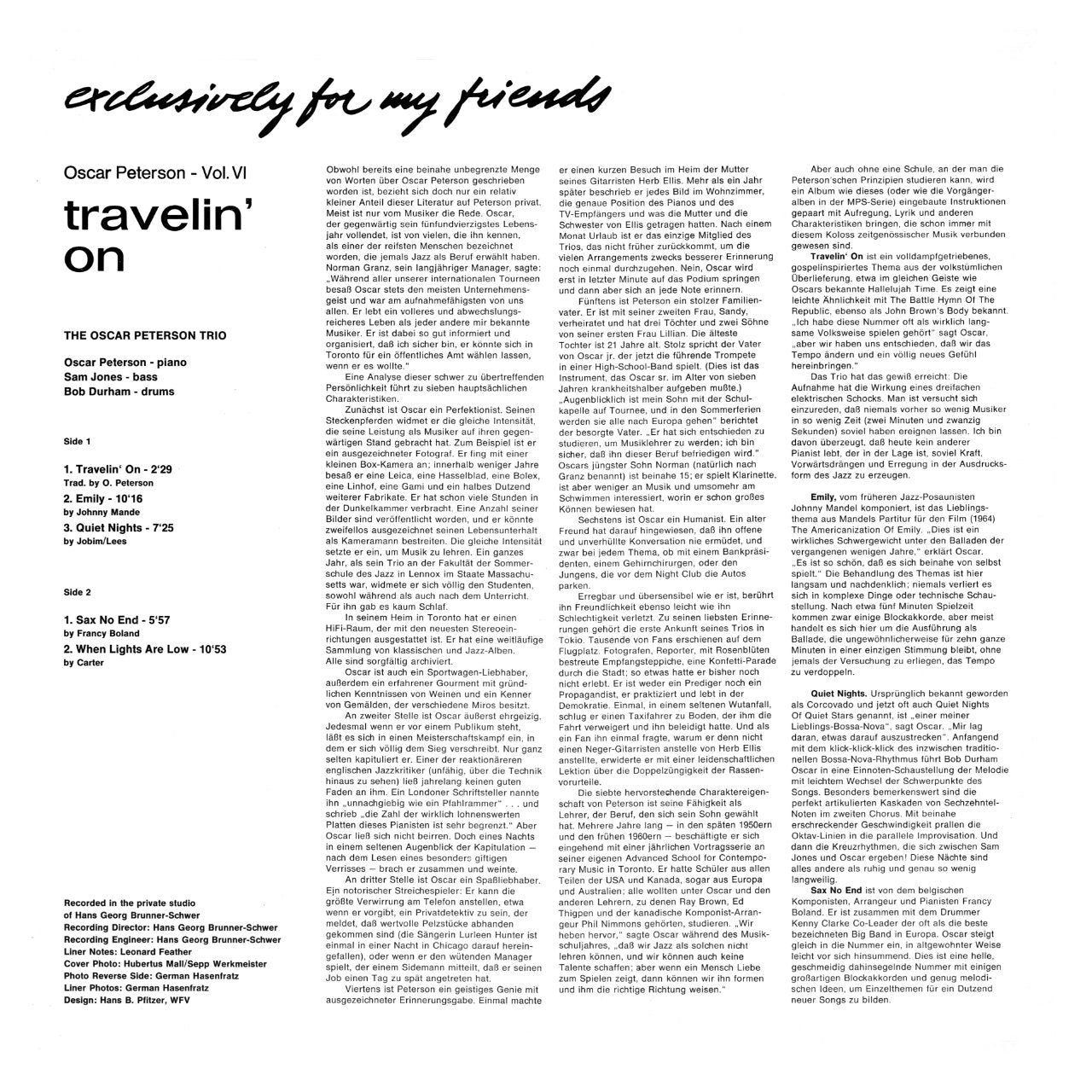 Oscar Peterson Travelin' On Inlay 1