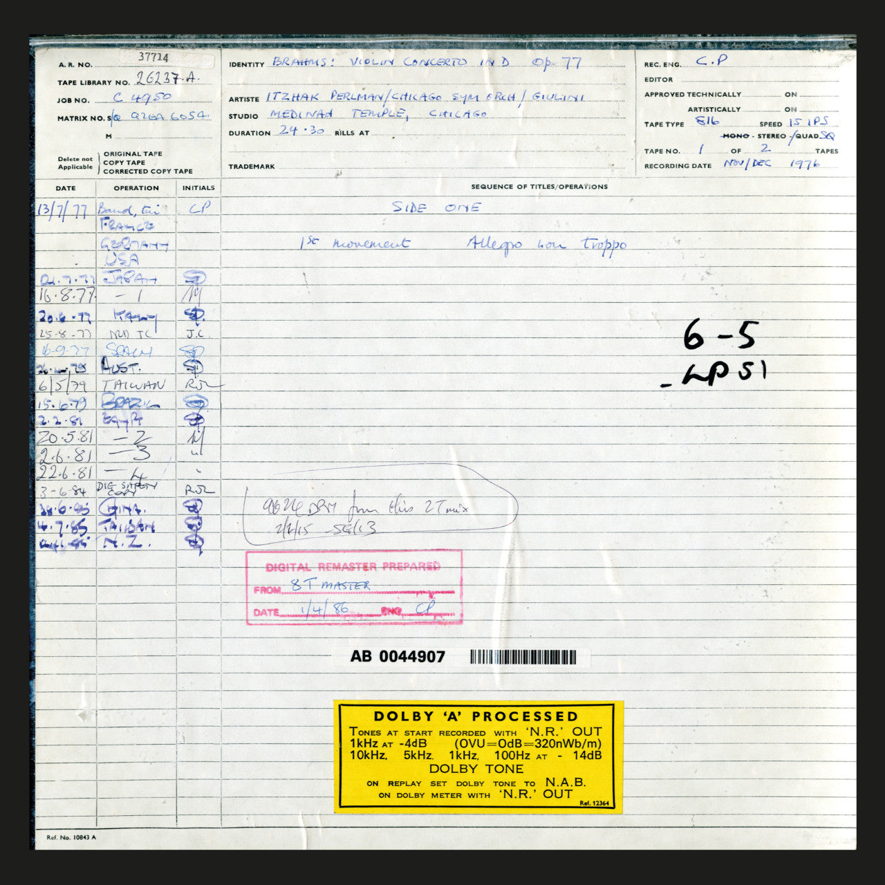 Itzhak Perlman Brahms Violin Concerto Original Master Tape 1