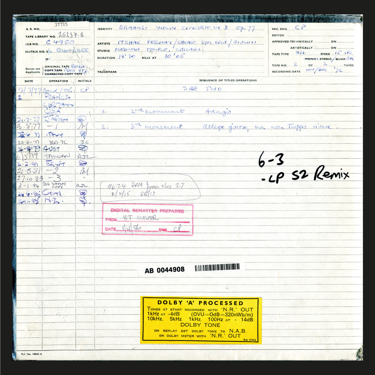 Itzhak Perlman Brahms Violin Concerto Original Master Tape 2