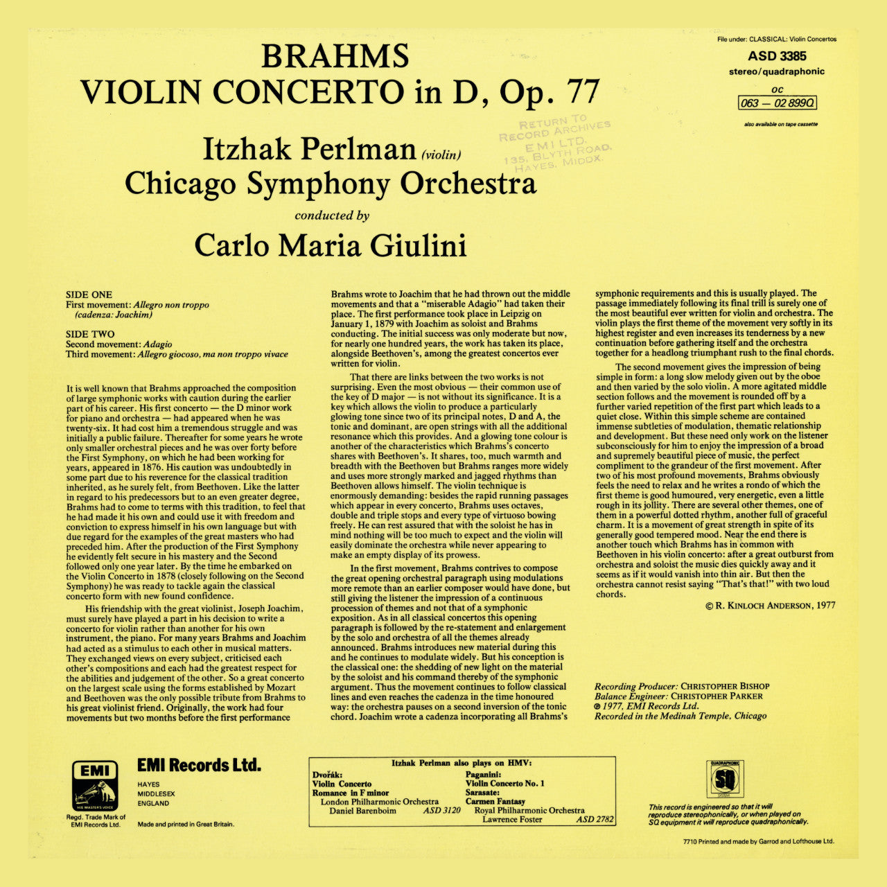 Itzhak Perlman Brahms Violin Concerto Cover Backside