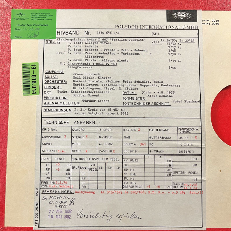 Franz Schubert Trout Quintet Original Master Tape