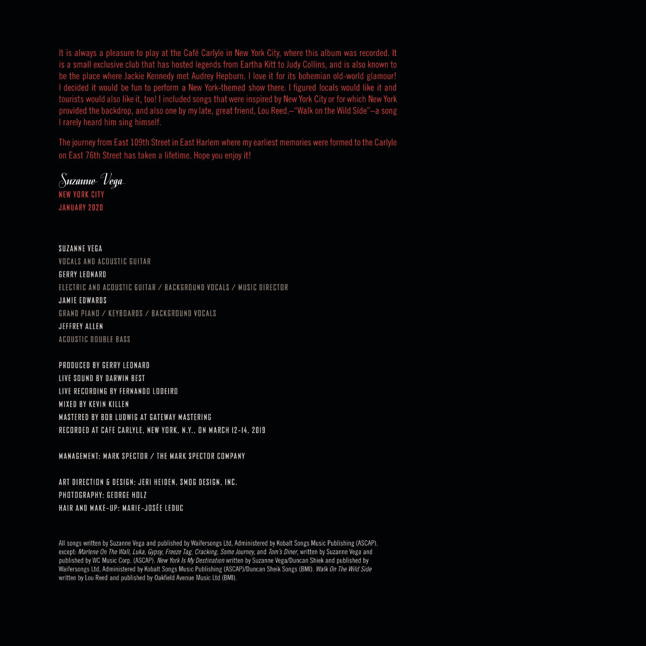 Suzanne Vega An Evening Of New York Songs And Stories Inlay 2